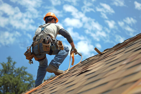 Construction worker wearing safety harness belt during working on roof structure of building on construction site