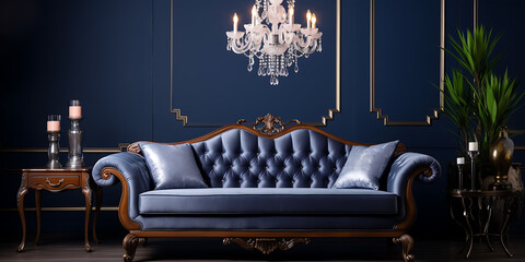 Elegant dark blue sofa in a luxurious room.