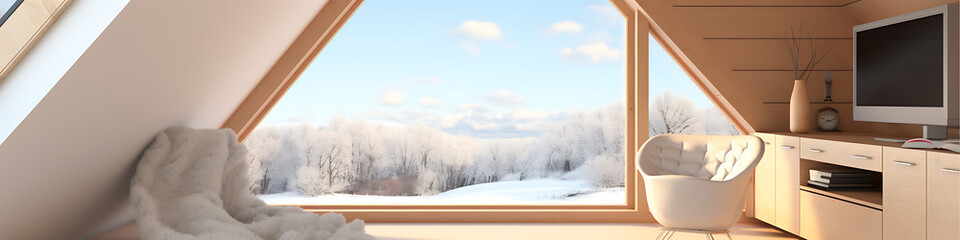 A peaceful winter landscape viewed through a large window.