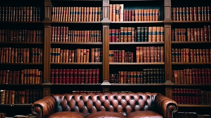 Naklejka premium A cozy library with brown leather couch, dark wood bookshelves, and red, brown, and gold books, perfect for a relaxing reading session. 