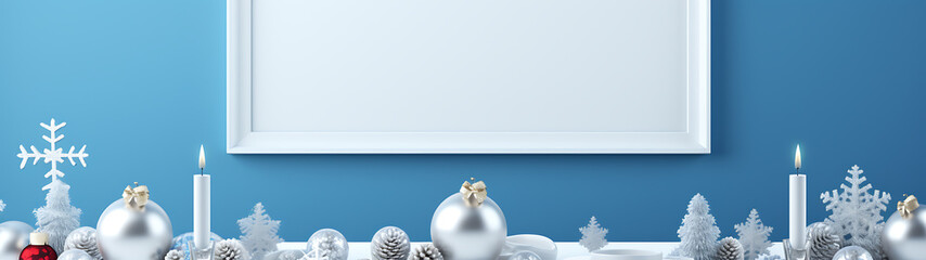 Christmas decorations on a blue wall. White ornaments and snowflakes.
