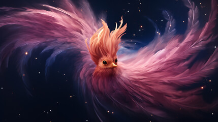 Pink and purple feathered bird soaring through starry space.

