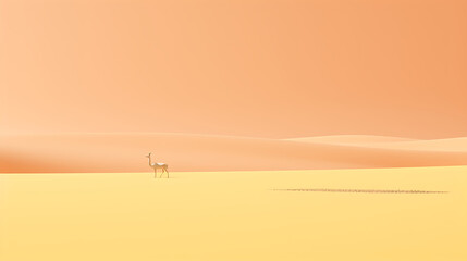 Minimalist desert landscape with a lone gazelle in yellow, orange, and white evokes a sense of peace and solitude. 
