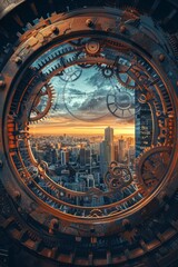 Fototapeta premium Mechanical Sunset: Cityscape Through Giant Clock Gears for Urban and Industrial Design Decor