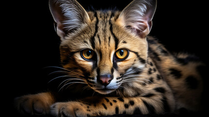 A captivating portrait of a  golden-eyed  Serval cat, with  black, brown, and  golden fur,  evoking  curiosity and  wildness, perfect for  wildlife and  pet photography projects. 
