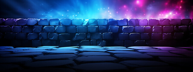 Obraz premium A brick wall and cobblestone street illuminated by blue and purple neon lights, perfect for a futuristic or fantasy backdrop. 
