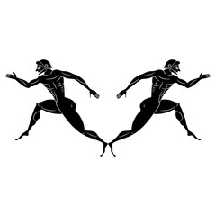 Symmetrical ethnic design with two running ancient Greek men. Antique athletes jumping in opposite directions. Vase painting style. Black and white silhouette.