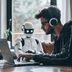 a man in headphones working on a laptop with a robot sitting in front of him