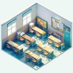 an isometric view of a classroom with desks and chairs