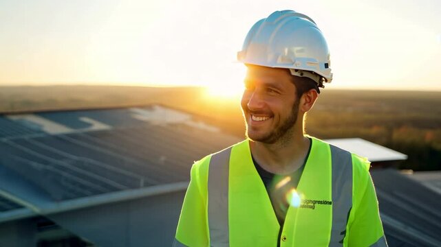 A happy, content young engineer is shown in the portrait, grinning at his accomplished roof job.