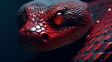 Close-up of a red snake, intense gaze.
