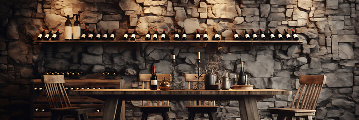 Rustic wooden table with wine bottles, chairs, and stone wall background, brown, grey, and red tones,  a cozy and inviting atmosphere for a wine tasting or dinner. 
