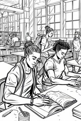 a drawing of people in a library