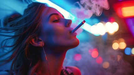 Fototapeta premium Youthful Nightclub Scene with Young Woman Exhaling Cigarette Smoke in Colorful, Vibrant Atmosphere
