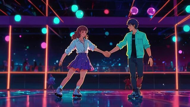 The couple gliding around a vibrant roller skating rink, with disco balls and colorful lights reflecting off the floor. They hold hands and smile at each other, 4K 2D Japanese anime Cyan purple colors