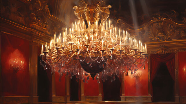 A grand, golden chandelier illuminates a luxurious red and gold room, evoking a sense of opulence and grandeur. 
