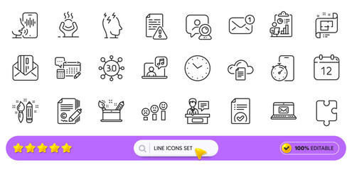 Puzzle, Stress and Credit card line icons for web app. Pack of Instruction manual, New message, Web3 pictogram icons. Architectural plan, Video conference, Timer app signs. Copywriting. Vector