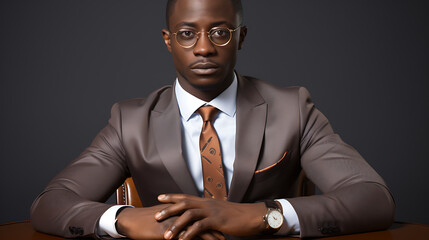 A confident businessman in brown suit, white shirt, and orange tie,  exuding professionalism and success. 
