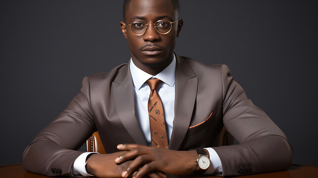 A confident businessman in brown suit, white shirt, and orange tie,  exuding professionalism and success. 

