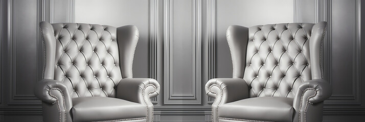 Two grey leather armchairs in a grey room,  classic elegant style,  luxury and sophistication,  for interior design projects. 
