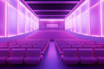 Obraz premium A vibrant movie theater, filled with pink light and seats. 
