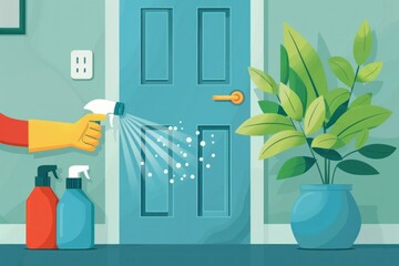 Illustration in flat design style showing a person disinfecting doorknobs and light switches with a cleaning cloth and spray. The background features a clean and organized home environment with