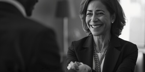 A woman with a smile on her face, photographed in black and white