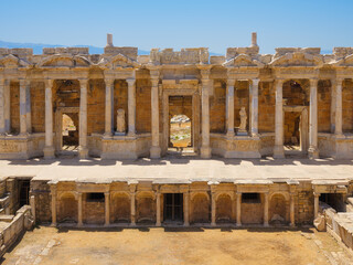 Hierapolis, Pammukale, Turkey. Ancient amphitheater. Panoramic landscape in the daytime. Historic...