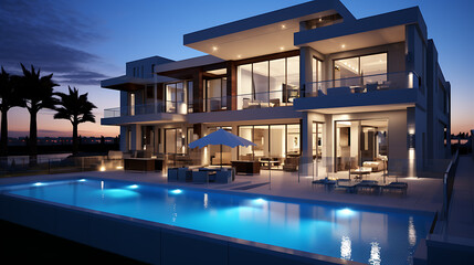 Fototapeta premium Modern luxury home with pool and patio at twilight. 