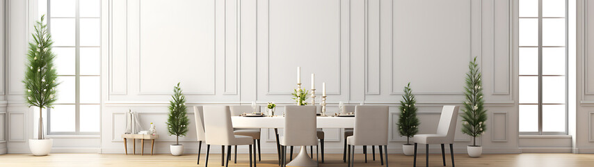 Dining room with light-colored furniture and plants. A simple, elegant space.