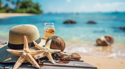 Beach Essentials: Hat, Starfish, Sunglasses, and Coconut
