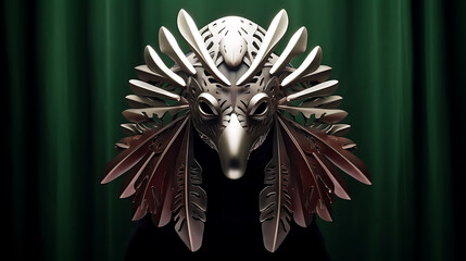 Fototapeta premium Ornate, silver mask with feathered details, dark background. 