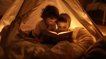 Adorable siblings reading a book together in a cozy homemade tent with warm fairy lights. Perfect for illustrating family bonding, childhood