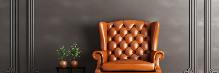 A brown leather wingback chair in a room.