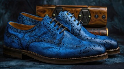 Handmade leather shoes in blue on a dark background