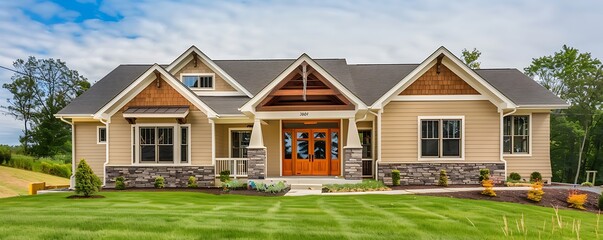 Newly constructed Craftsman style home in warm beige, featuring a welcoming front porch and a spacious backyard