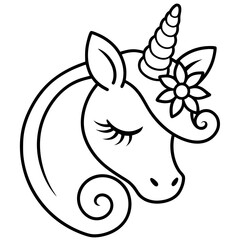 only logo of spiraled horn, large ears, closed eyes, and a floral crown of unicorn




