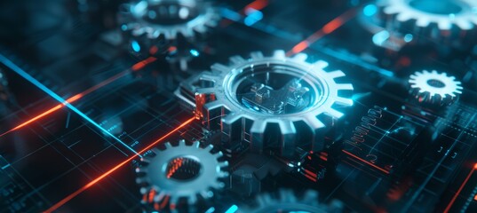 Obraz premium High-Tech Visualization of Semi-Transparent Gears with Holographic Elements on Digital Grid Background