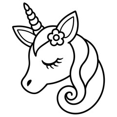 only logo of spiraled horn, large ears, closed eyes, and a floral crown of unicorn




