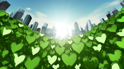 Green hearts form a landscape leading to a city skyline, suggesting environmental harmony and urban growth.
