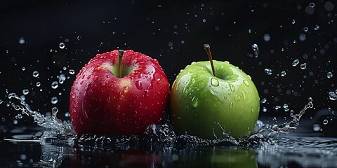 Red and Green Apples Splashing in Water.