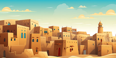 A desert town with beige buildings and a minaret.