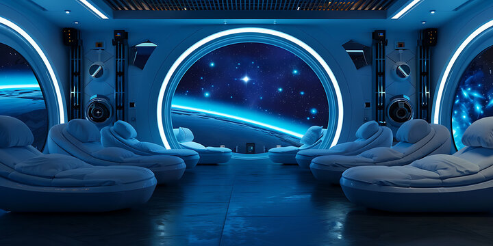 A futuristic home theater with blue seating and a space-themed design.
