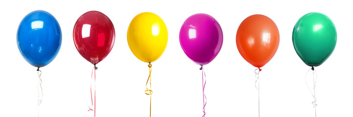 Collection set photo of six colorful different air balloons in a row isolated on transparent background, birthday party invitation or festive event decor