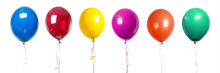 Collection set photo of six colorful different air balloons in a row isolated on transparent background, birthday party invitation or festive event decor