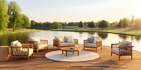 Fototapeta premium Wooden outdoor furniture set by a calm lake. Relaxing patio scene. Stylish patio seating. 