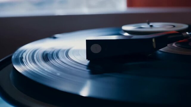 Vintage vinyl record player with spinning vinyl close-up