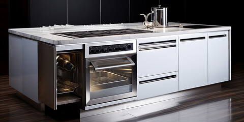 Modern kitchen island  white and stainless steel  minimalist design  luxury appliance  cooking concept.
