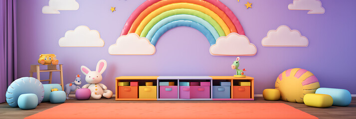 Rainbow playroom pastel purple orange joyful childhood decor
