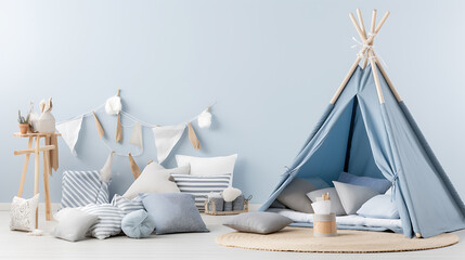 Serene blue play tent kids room decor pastel calming childhood joy
